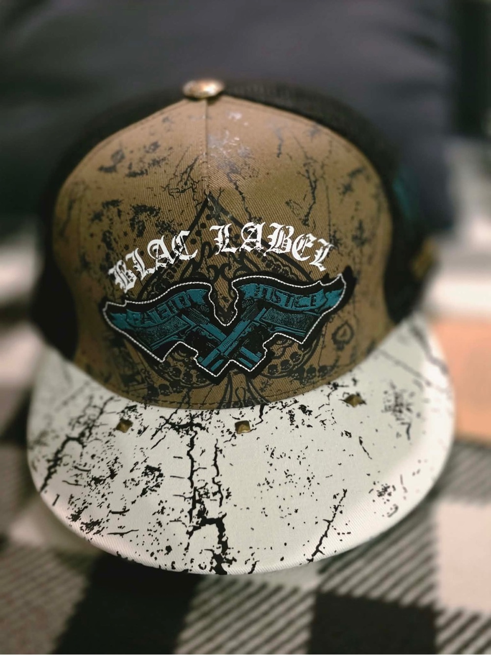 Black Label Graphic Snapback Hat in Tan, Black & White